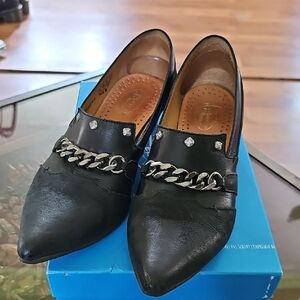 John Fluevog Black Leather Loafers with Silver Chain